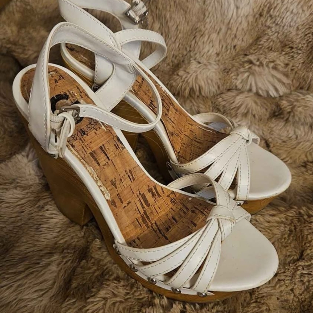 G by Guess Cream and Tan Wedge Sandals
